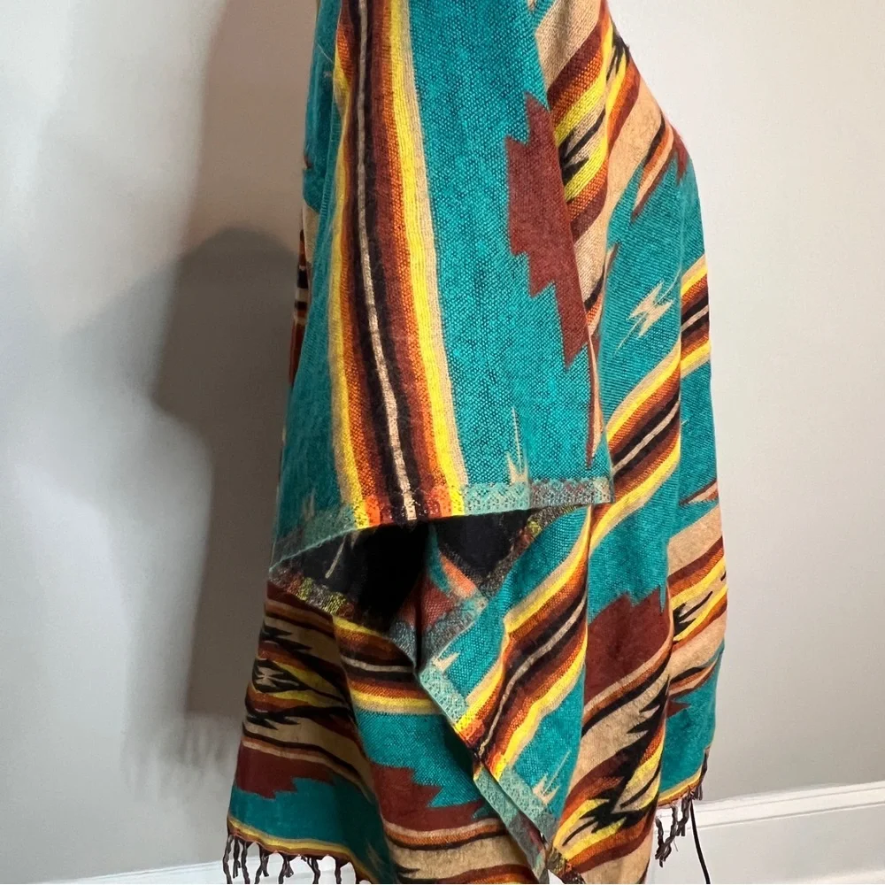 Southwestern Print Soft Poncho Fringe Teal Yellow Festival Unisex One Size - Picture 3 of 10